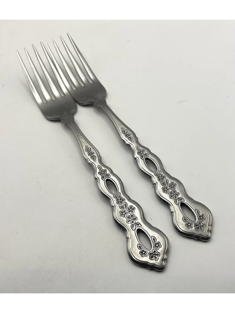 2- Oneida Community FANTASY Burnished Stainless Pierced Hndl Dinner Fork ~7.25”